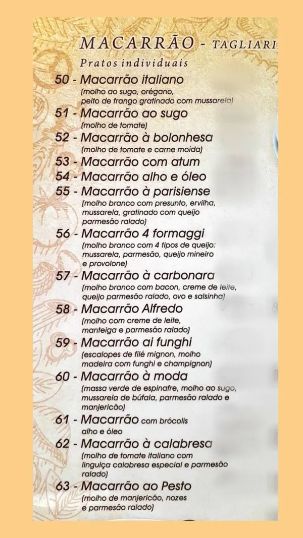 Página do cardápio impresso da Italian Massas e Grelhados