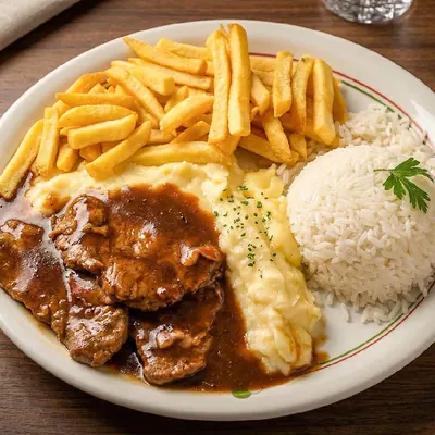 Filé ao molho madeira com fritas, arroz e purê